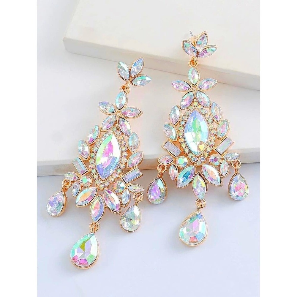 New Iridescent Rhinestone Chandelier‎ Drag Earrings Pageant Formal Prom Gold